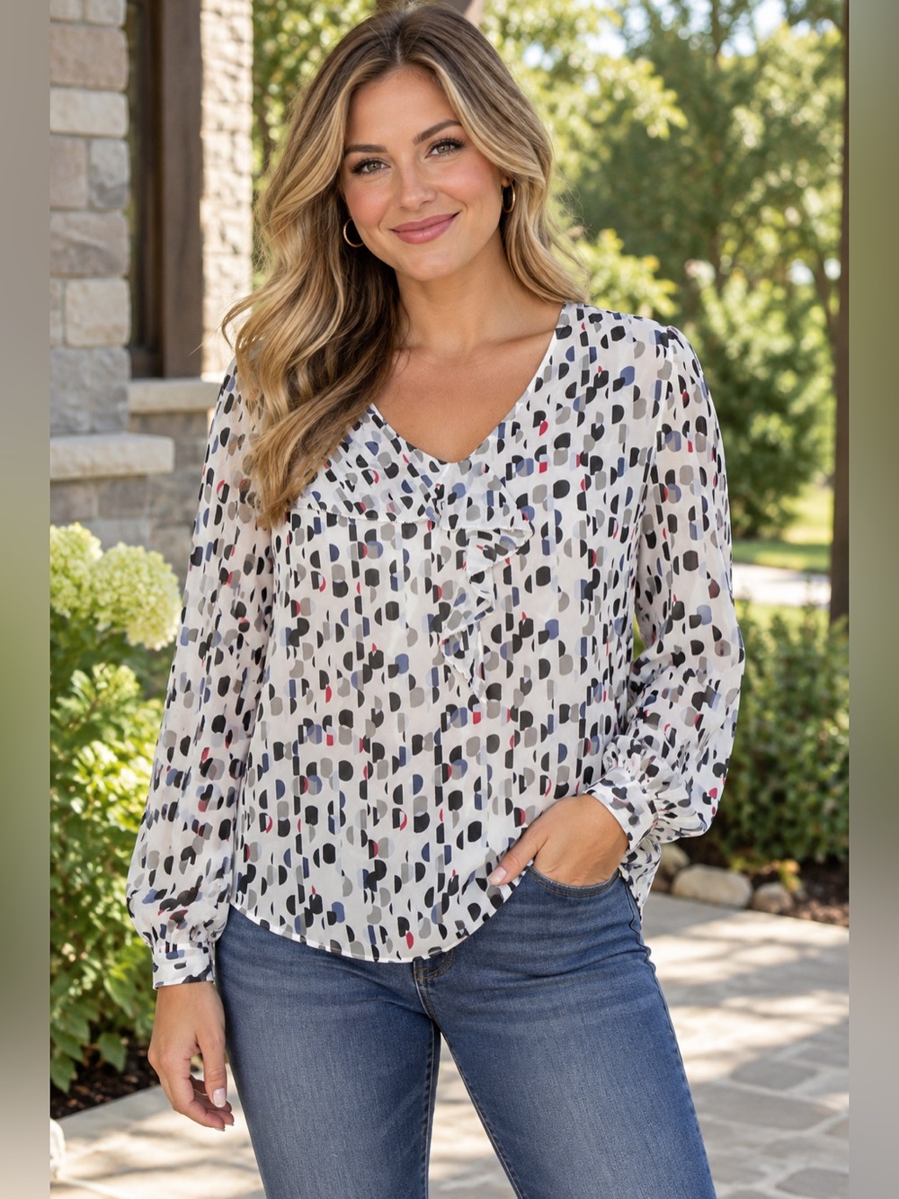 White House Black Market Abstract Print Ruffle Blouse Size 6